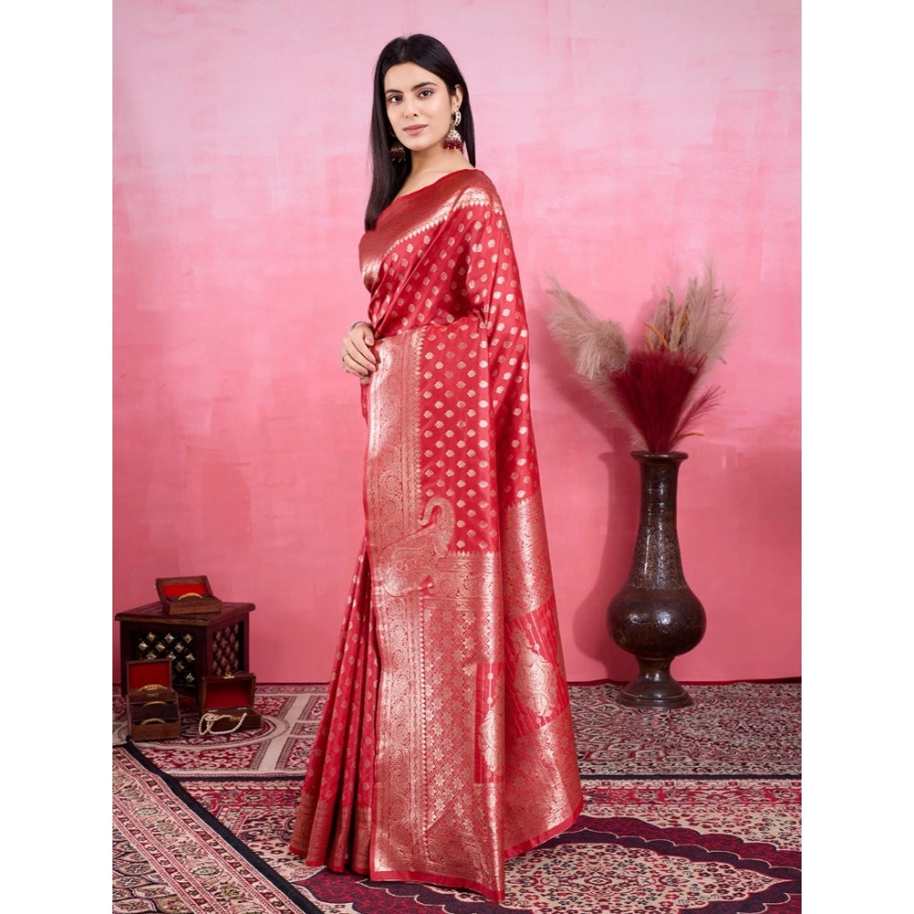 Women's Banarasi Silk Printed Saree With Unstitched Blouse 5.5Mtr (Red) - VANSHELLE