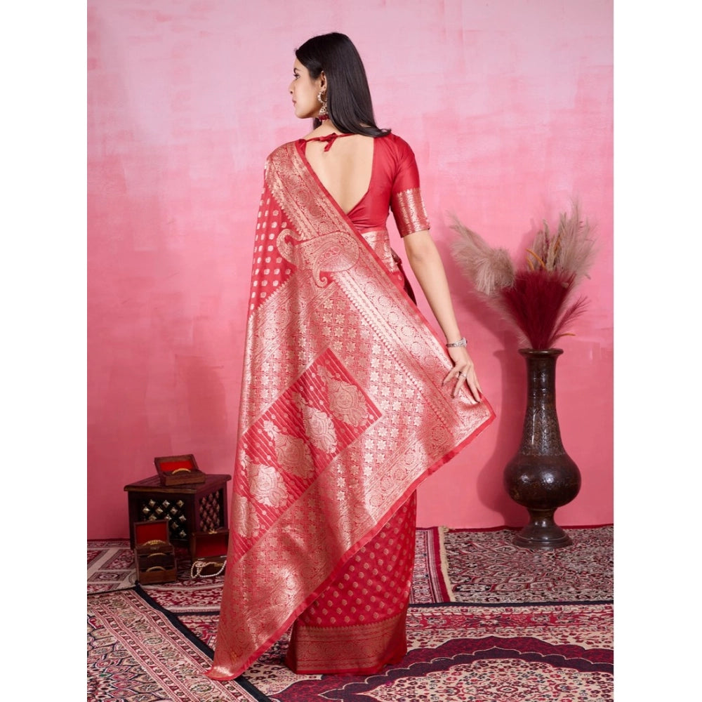 Women's Banarasi Silk Printed Saree With Unstitched Blouse 5.5Mtr (Red) - VANSHELLE