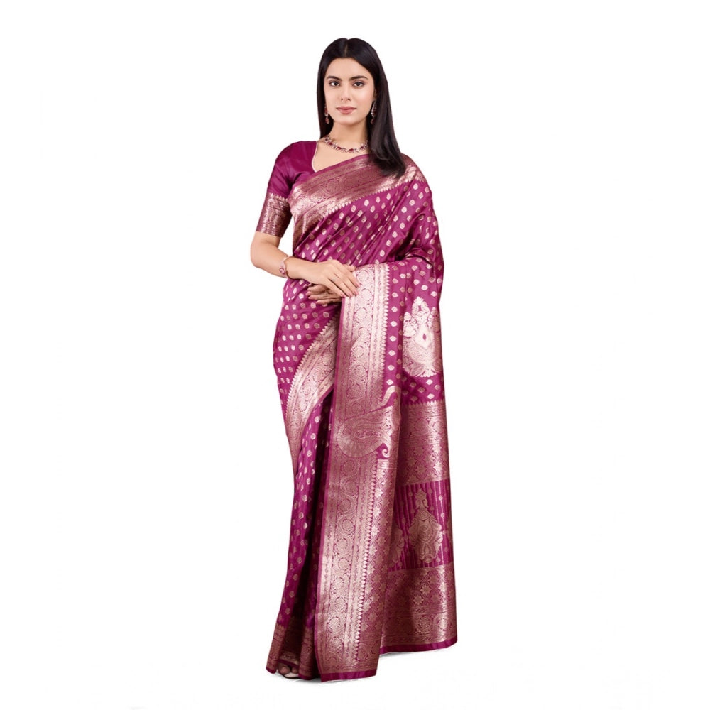 Women's Banarasi Silk Printed Saree With Unstitched Blouse 5.5Mtr (Wine) - VANSHELLE