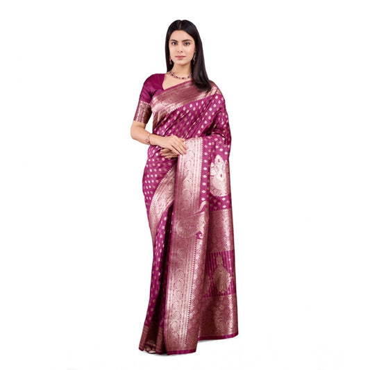 Women's Banarasi Silk Printed Saree With Unstitched Blouse 5.5Mtr (Wine) - VANSHELLE