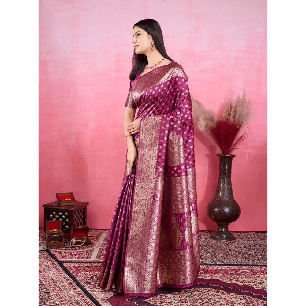 Women's Banarasi Silk Printed Saree With Unstitched Blouse 5.5Mtr (Wine) - VANSHELLE