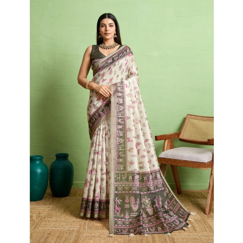 Women'S Silk Blend Printed Saree With Unstitched Blouse 5.5Mtr