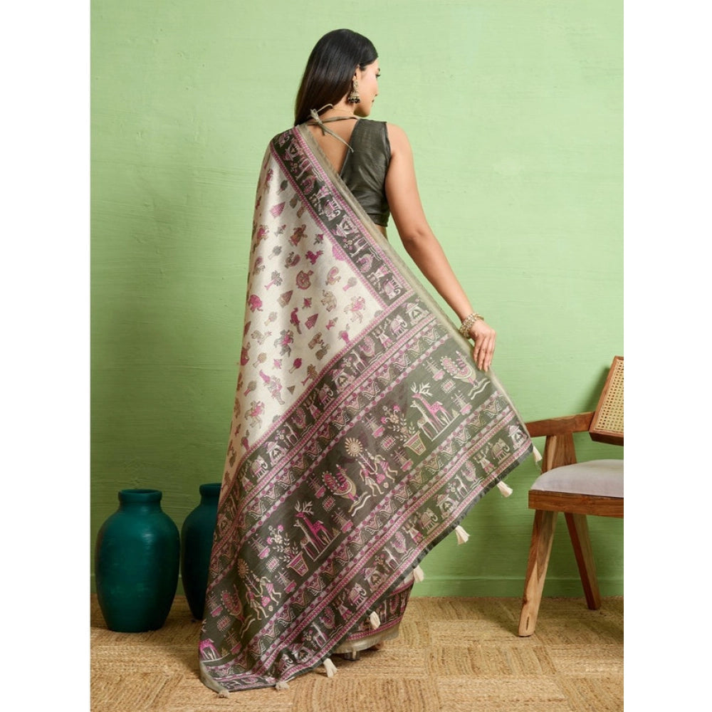 Women'S Silk Blend Printed Saree With Unstitched Blouse 5.5Mtr