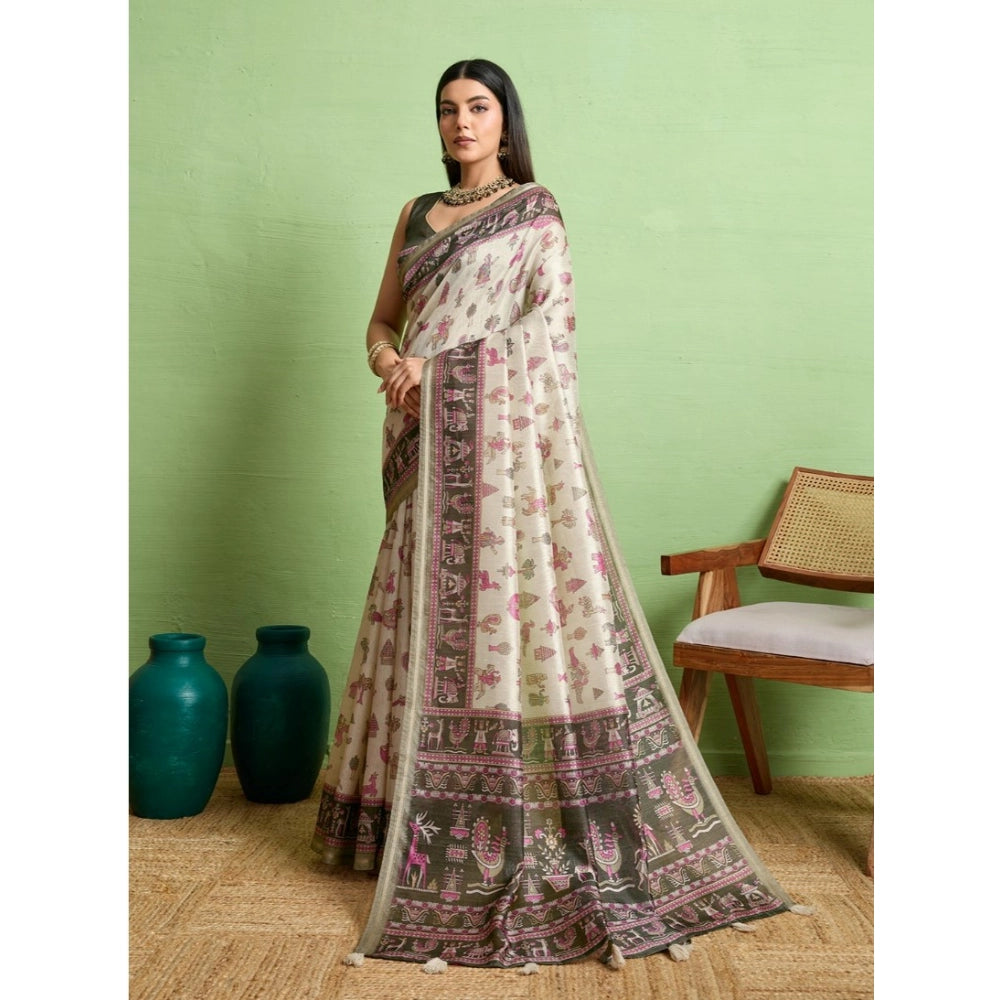 Women'S Silk Blend Printed Saree With Unstitched Blouse 5.5Mtr