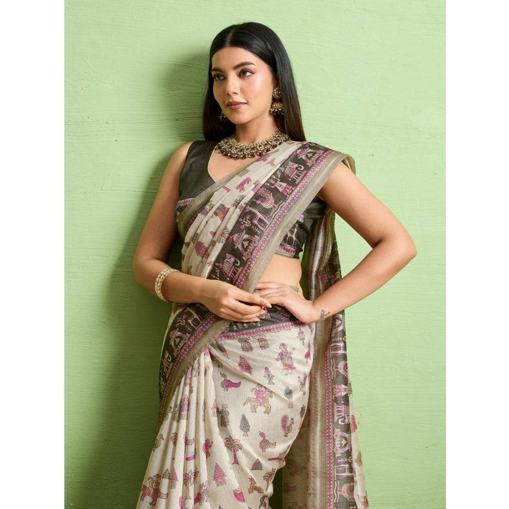 Women'S Silk Blend Printed Saree With Unstitched Blouse 5.5Mtr