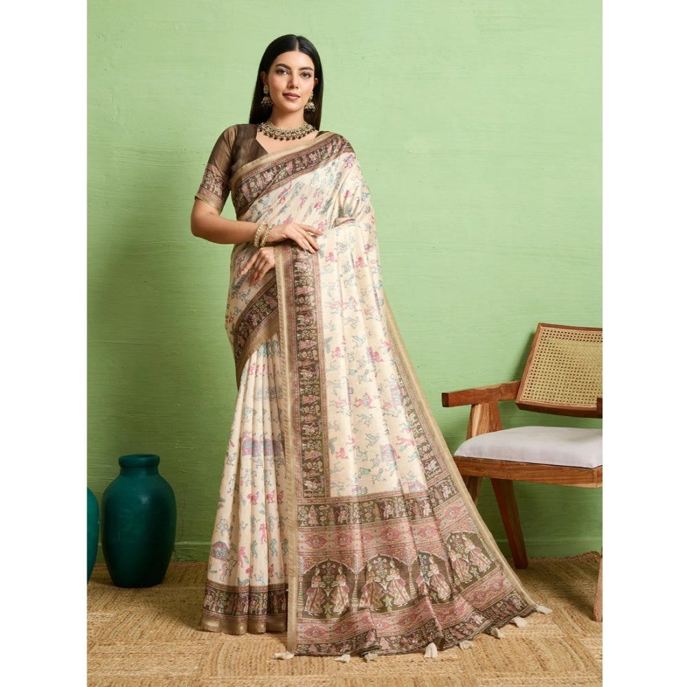 Women's Silk Blend Printed Saree With Unstitched Blouse 5.5Mtr (Cream) - VANSHELLE