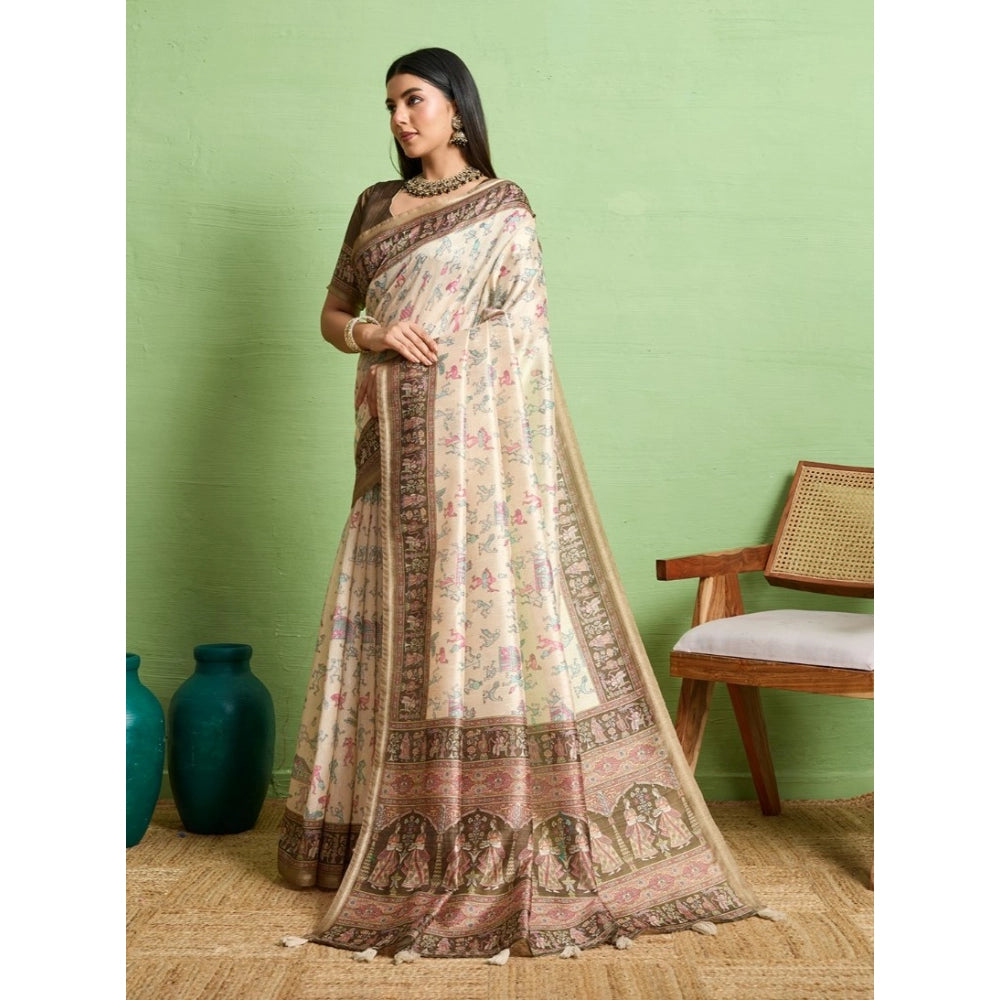 Women's Silk Blend Printed Saree With Unstitched Blouse 5.5Mtr (Cream) - VANSHELLE