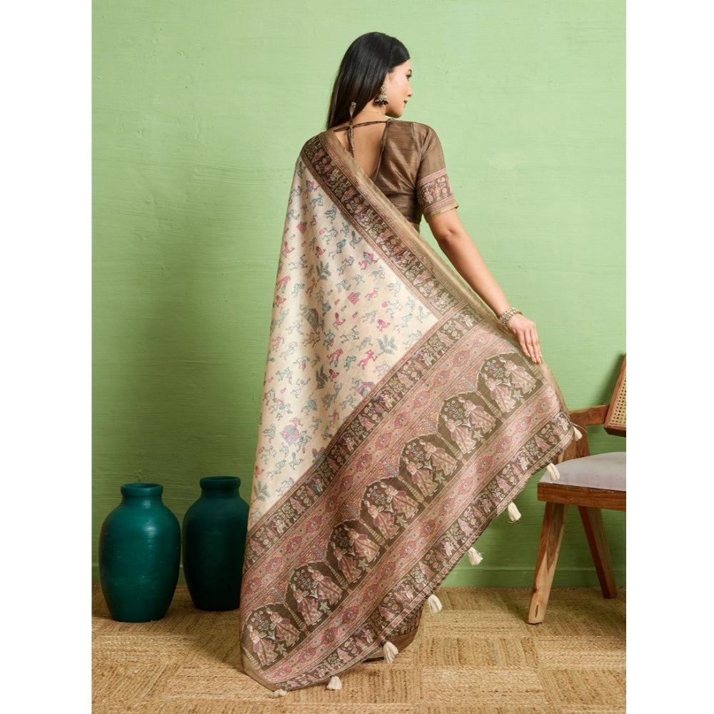 Women's Silk Blend Printed Saree With Unstitched Blouse 5.5Mtr (Cream) - VANSHELLE