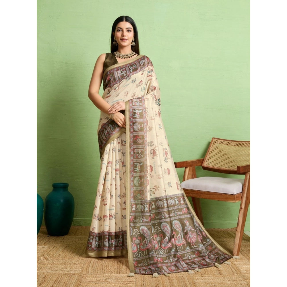 Women's Silk Blend Printed Saree With Unstitched Blouse 5.5Mtr (Cream) - VANSHELLE