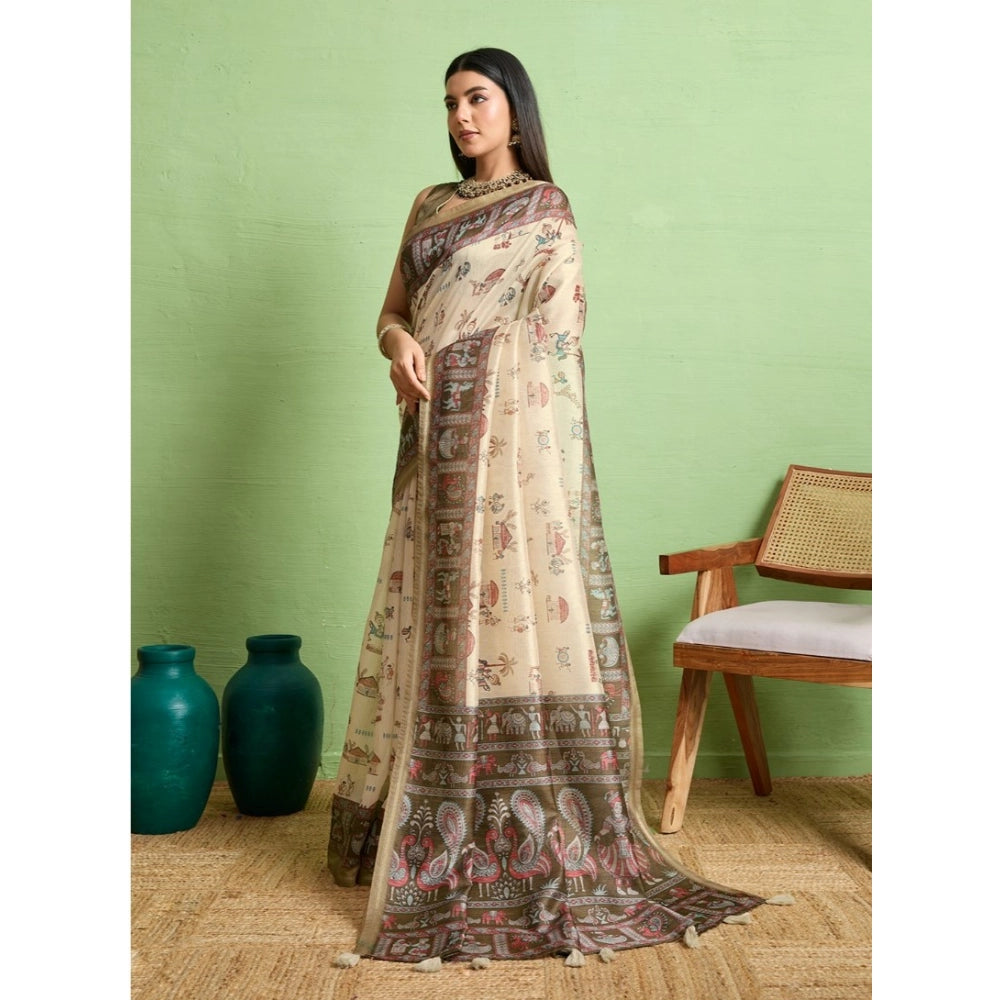 Women's Silk Blend Printed Saree With Unstitched Blouse 5.5Mtr (Cream) - VANSHELLE