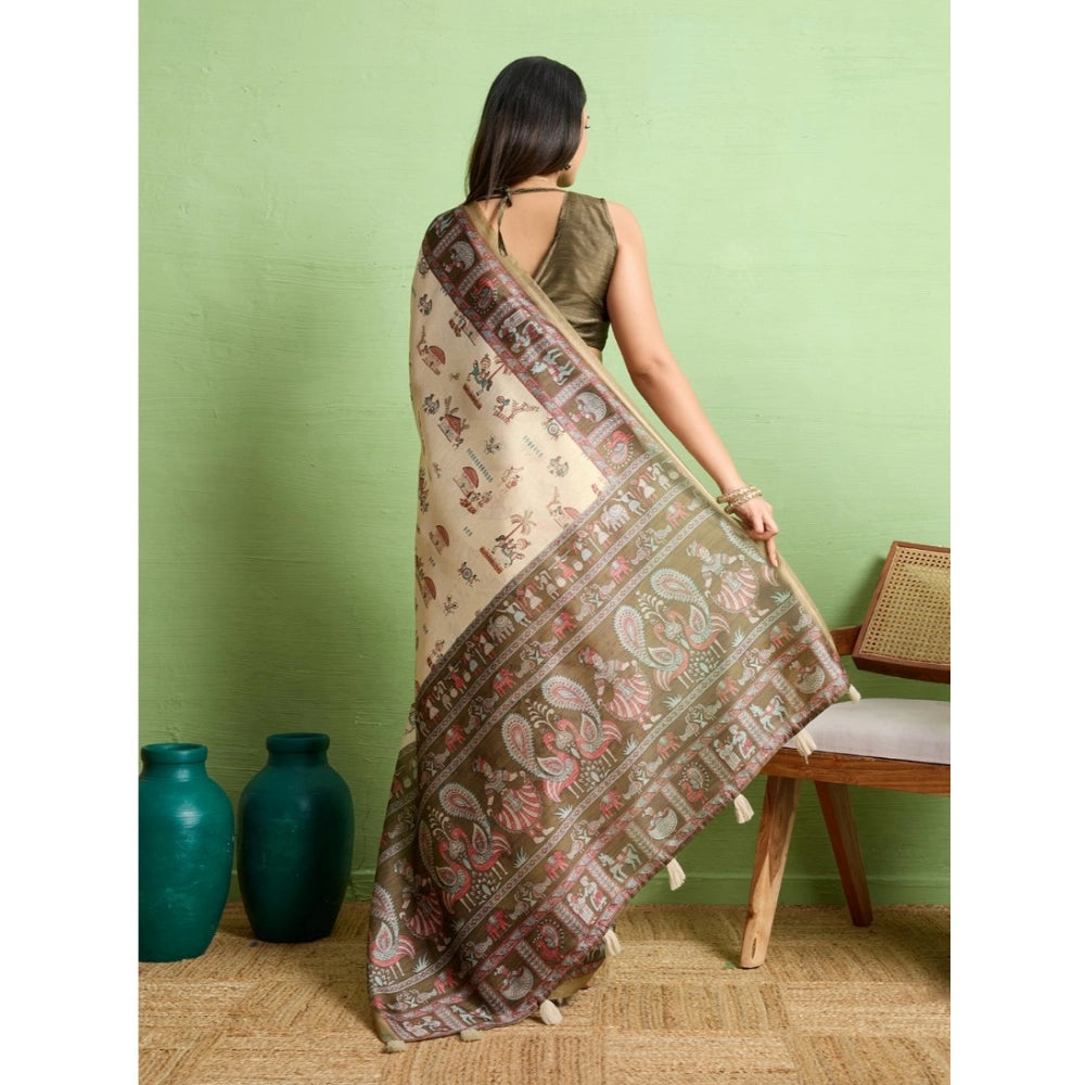 Women's Silk Blend Printed Saree With Unstitched Blouse 5.5Mtr (Cream) - VANSHELLE
