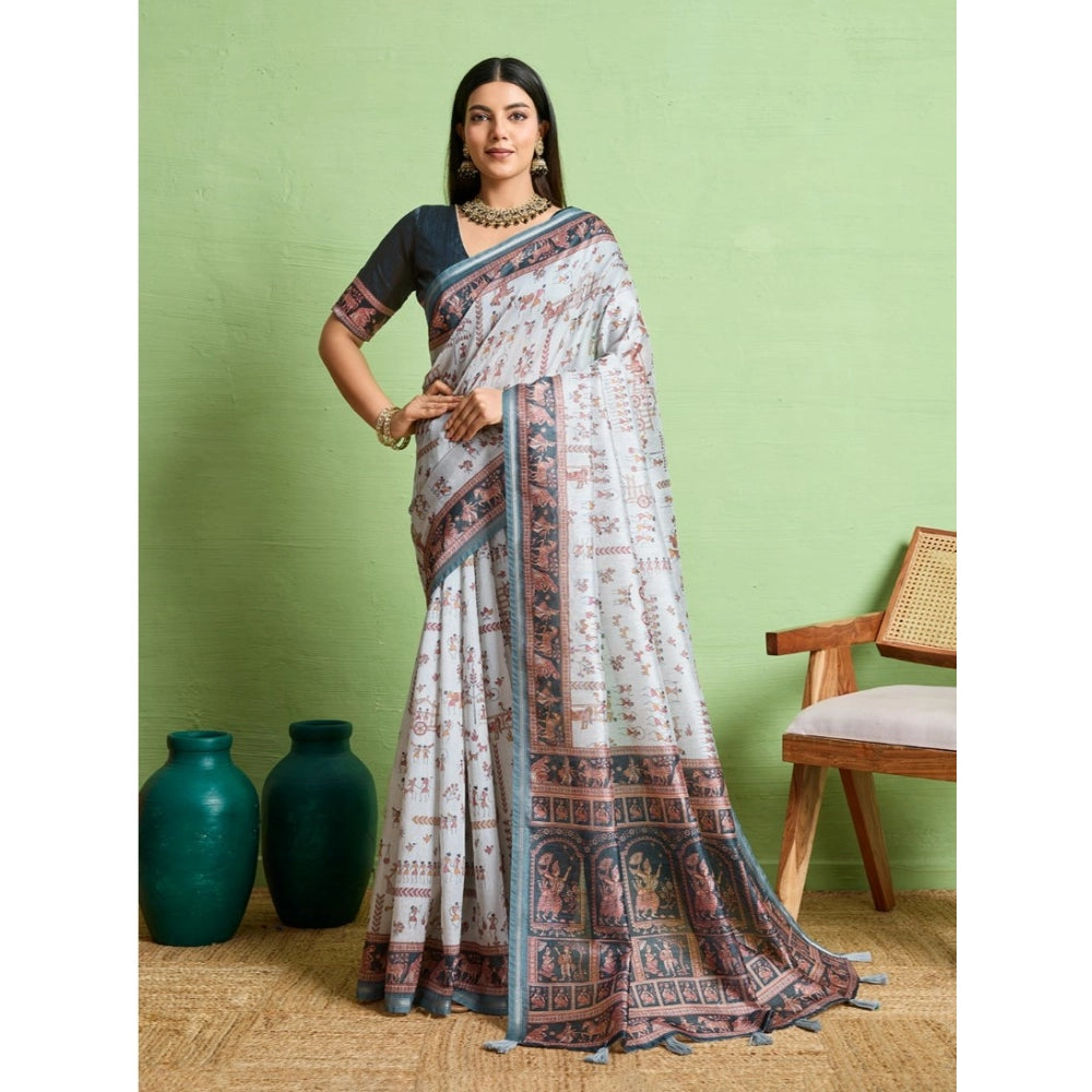 Women's Silk Blend Printed Saree With Unstitched Blouse 5.5Mtr (Grey) - VANSHELLE