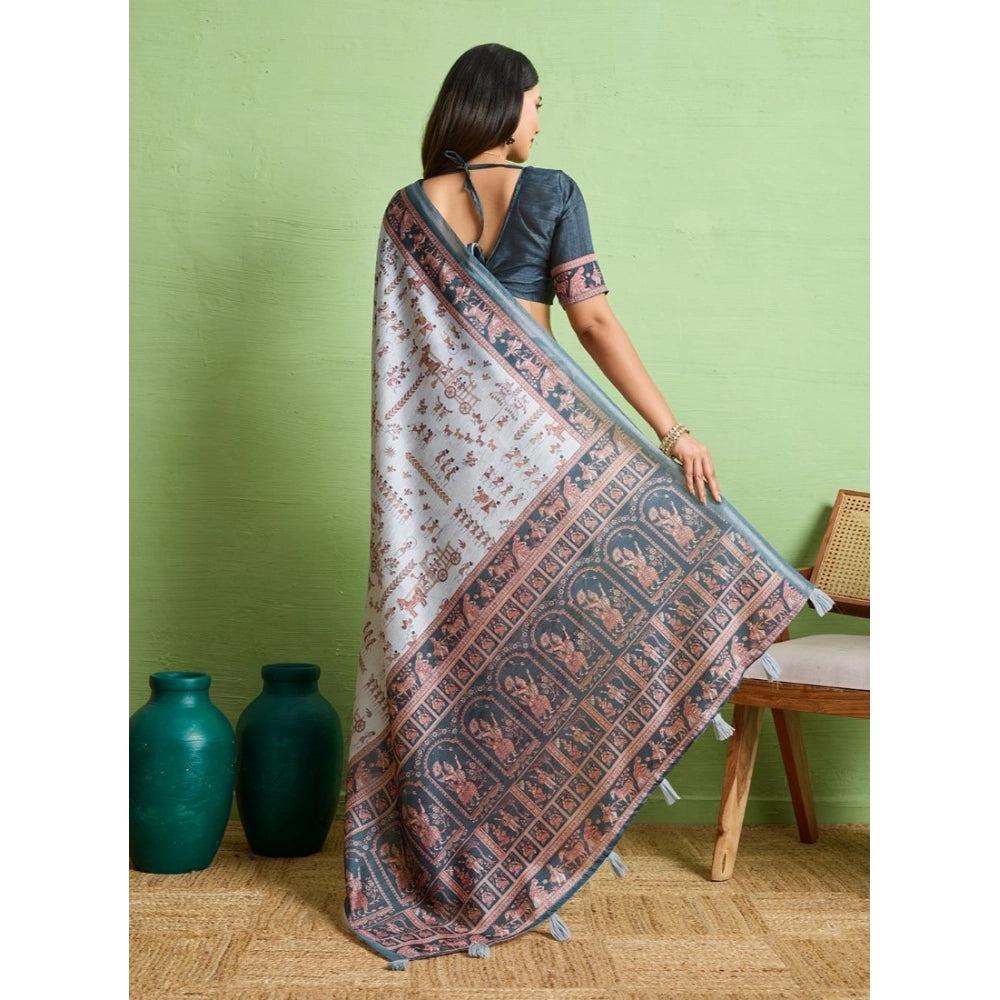 Women's Silk Blend Printed Saree With Unstitched Blouse 5.5Mtr (Grey) - VANSHELLE