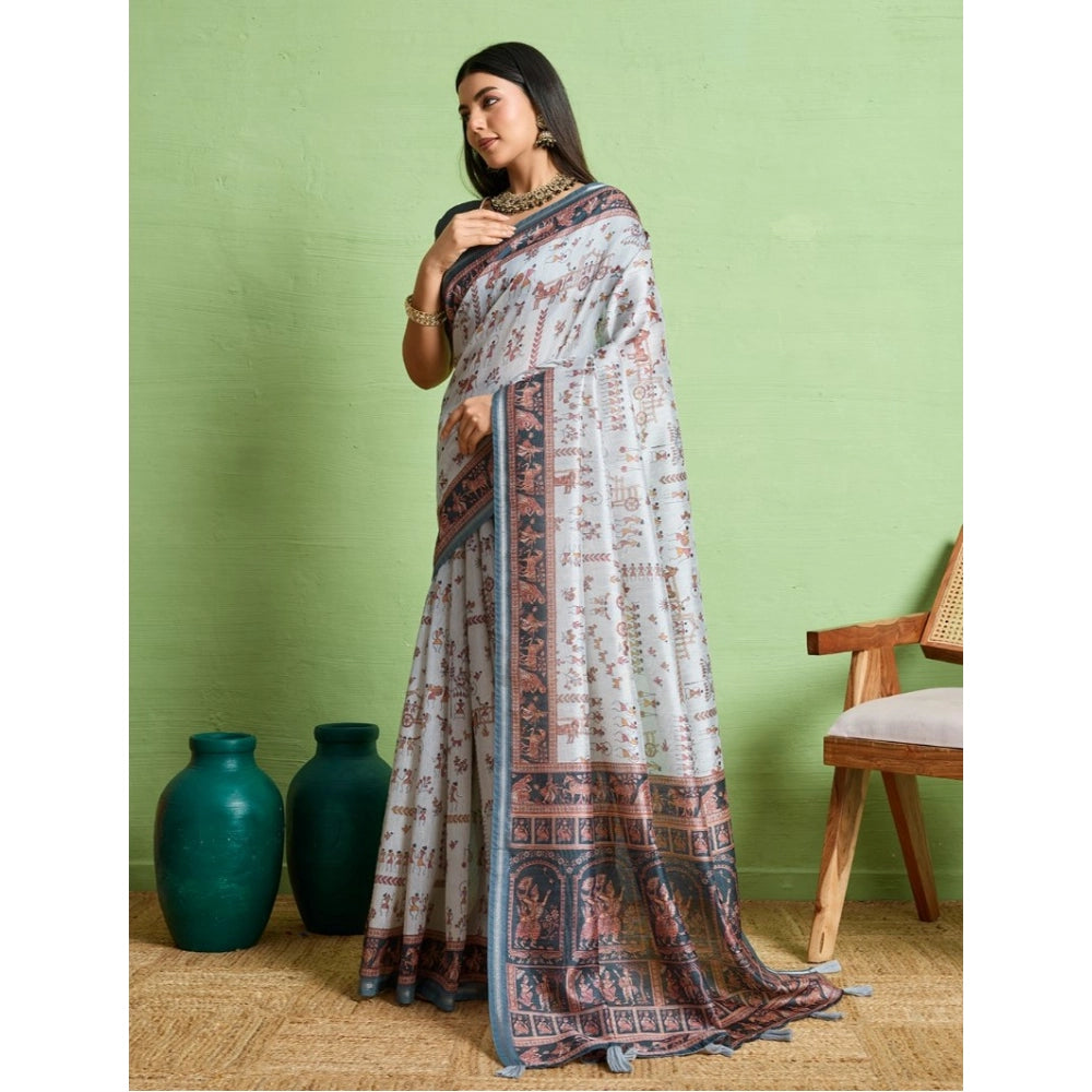 Women's Silk Blend Printed Saree With Unstitched Blouse 5.5Mtr (Grey) - VANSHELLE