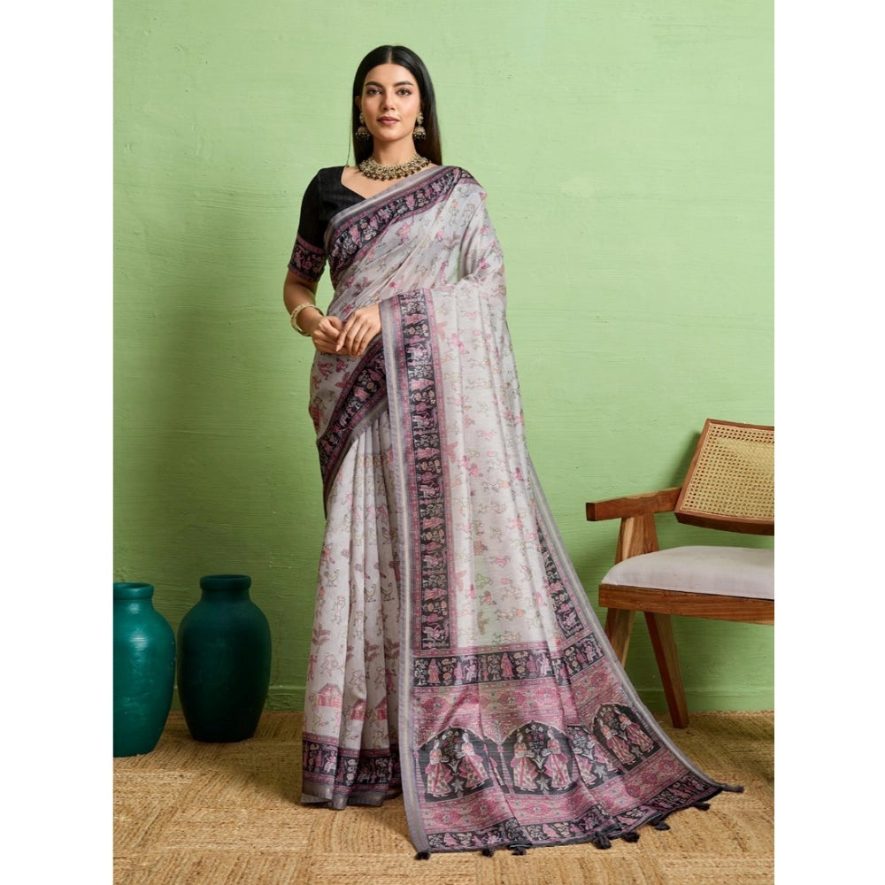 Women's Silk Blend Printed Saree With Unstitched Blouse 5.5Mtr (Grey) - VANSHELLE