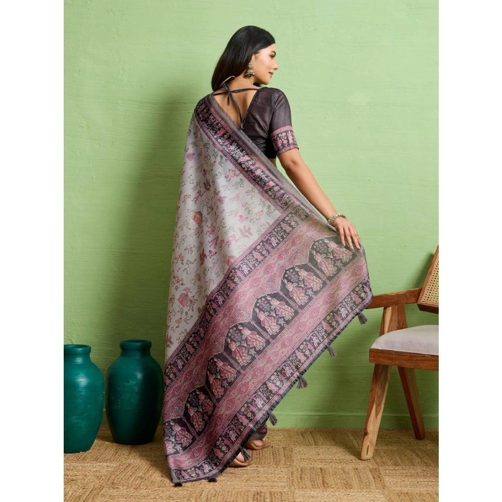 Women's Silk Blend Printed Saree With Unstitched Blouse 5.5Mtr (Grey) - VANSHELLE