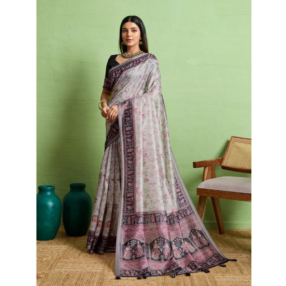 Women's Silk Blend Printed Saree With Unstitched Blouse 5.5Mtr (Grey) - VANSHELLE