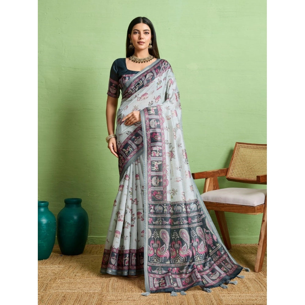 Women's Silk Blend Printed Saree With Unstitched Blouse 5.5Mtr (Grey) - VANSHELLE
