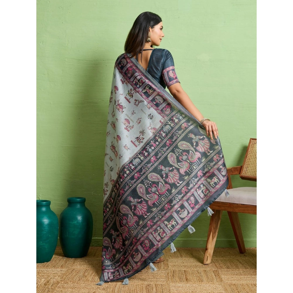 Women's Silk Blend Printed Saree With Unstitched Blouse 5.5Mtr (Grey) - VANSHELLE