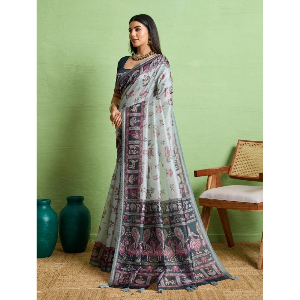 Women's Silk Blend Printed Saree With Unstitched Blouse 5.5Mtr (Grey) - VANSHELLE