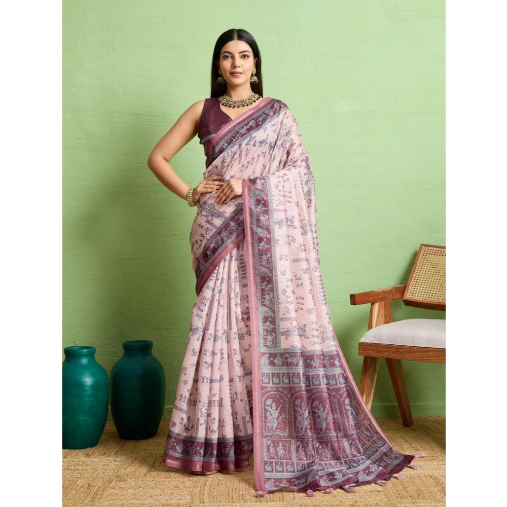 Women's Silk Blend Printed Saree With Unstitched Blouse 5.5Mtr (Grey) - VANSHELLE