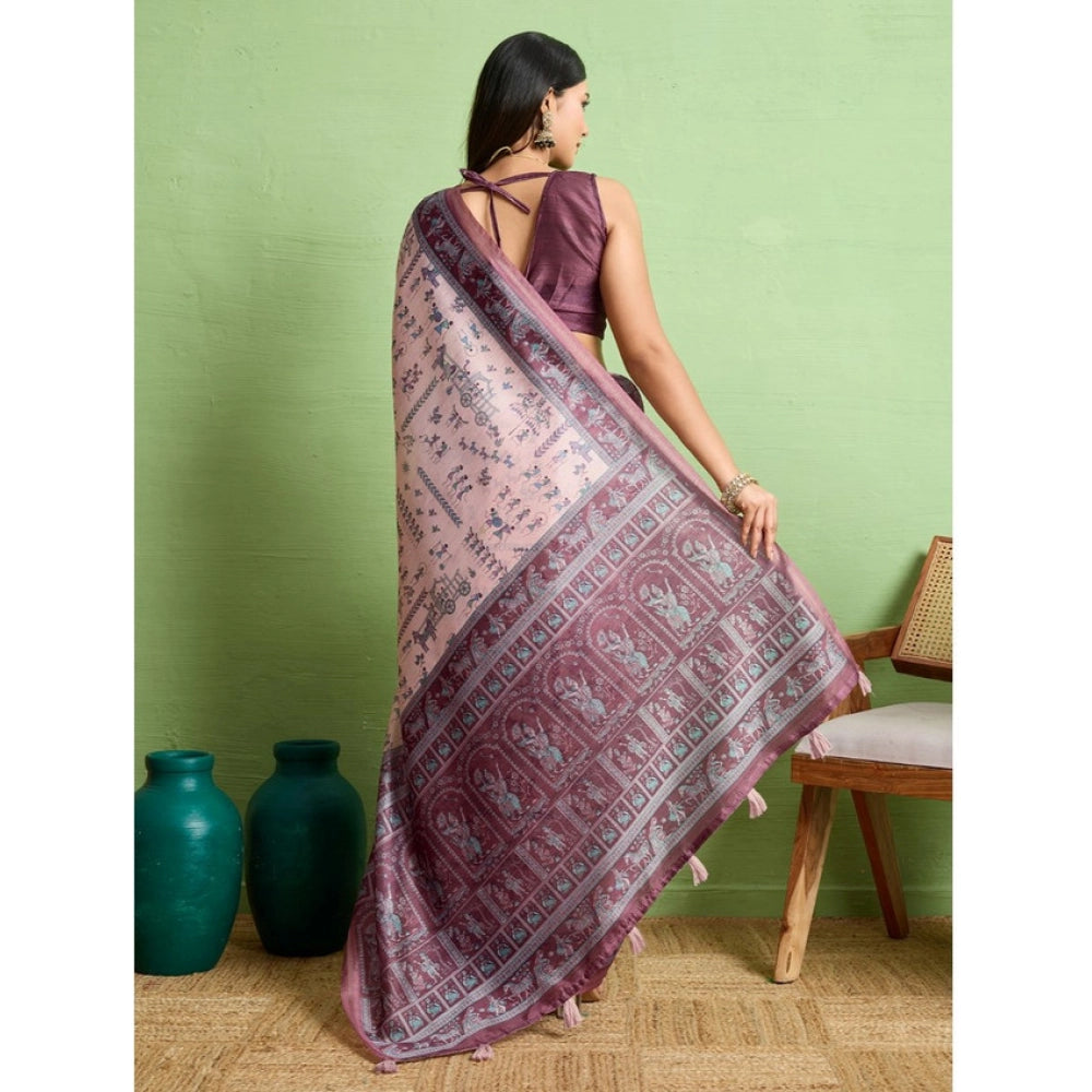 Women's Silk Blend Printed Saree With Unstitched Blouse 5.5Mtr (Grey) - VANSHELLE