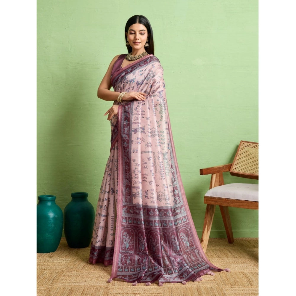 Women's Silk Blend Printed Saree With Unstitched Blouse 5.5Mtr (Grey) - VANSHELLE