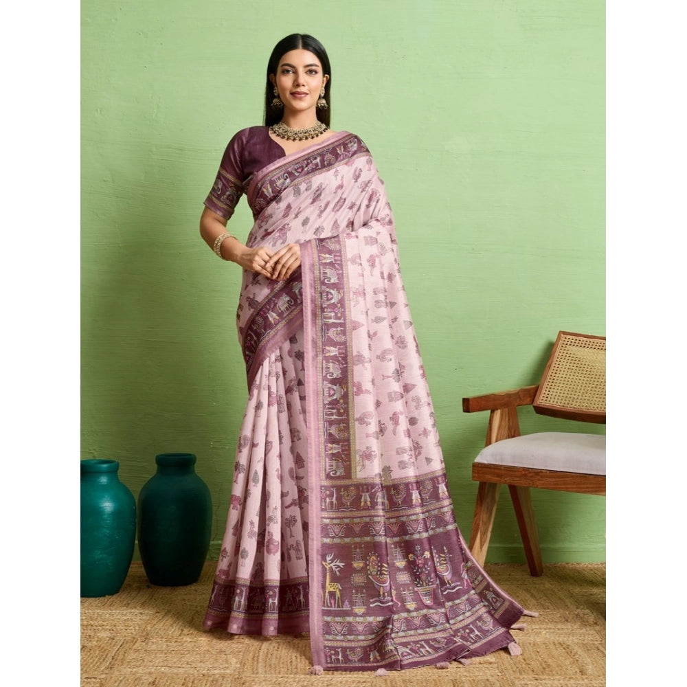 Women's Silk Blend Printed Saree With Unstitched Blouse 5.5Mtr (Grey) - VANSHELLE