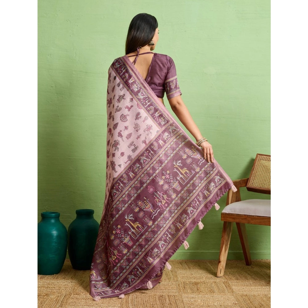 Women's Silk Blend Printed Saree With Unstitched Blouse 5.5Mtr (Grey) - VANSHELLE