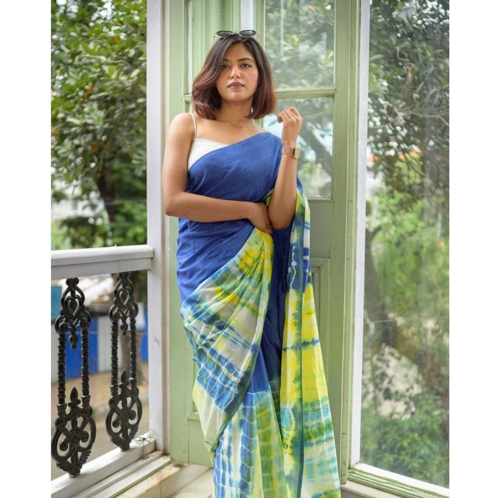 Women's Linen Printed Saree With Unstitched Blouse 5.5Mtr (Blue) - VANSHELLE