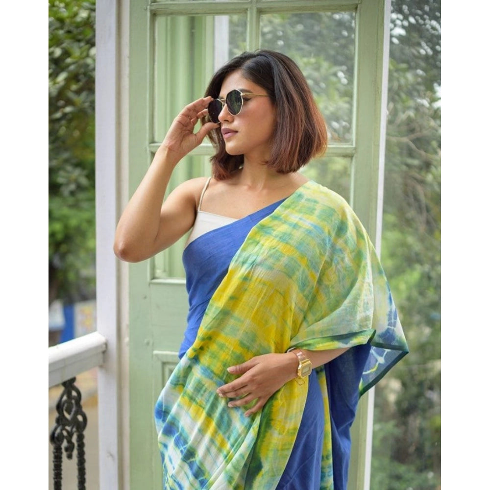 Women's Linen Printed Saree With Unstitched Blouse 5.5Mtr (Blue) - VANSHELLE