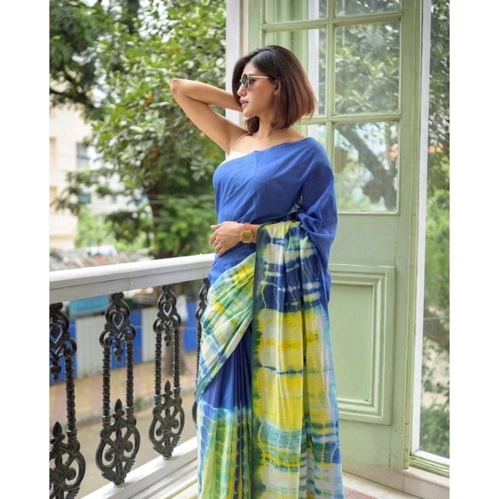 Women's Linen Printed Saree With Unstitched Blouse 5.5Mtr (Blue) - VANSHELLE