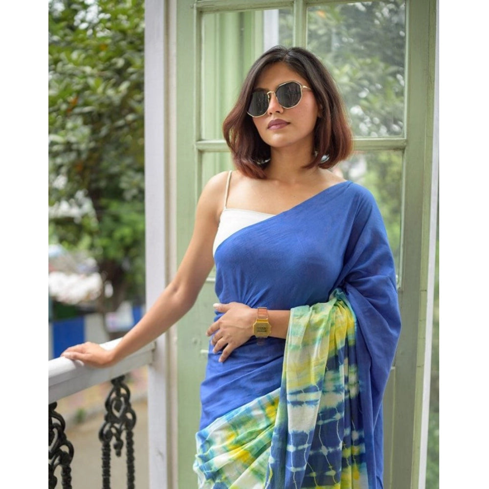 Women's Linen Printed Saree With Unstitched Blouse 5.5Mtr (Blue) - VANSHELLE