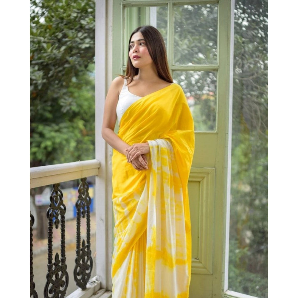 Women's Linen Printed Saree With Unstitched Blouse 5.5Mtr (Yellow) - VANSHELLE