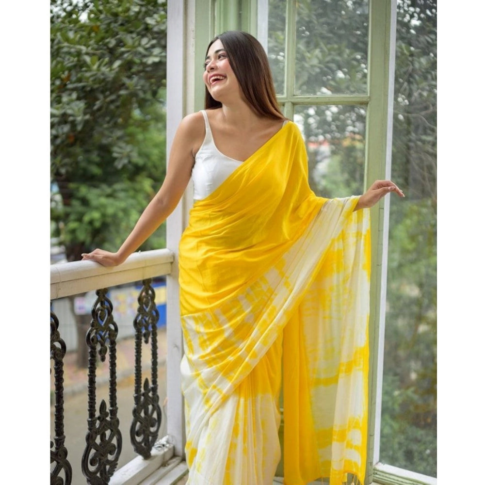 Women's Linen Printed Saree With Unstitched Blouse 5.5Mtr (Yellow) - VANSHELLE