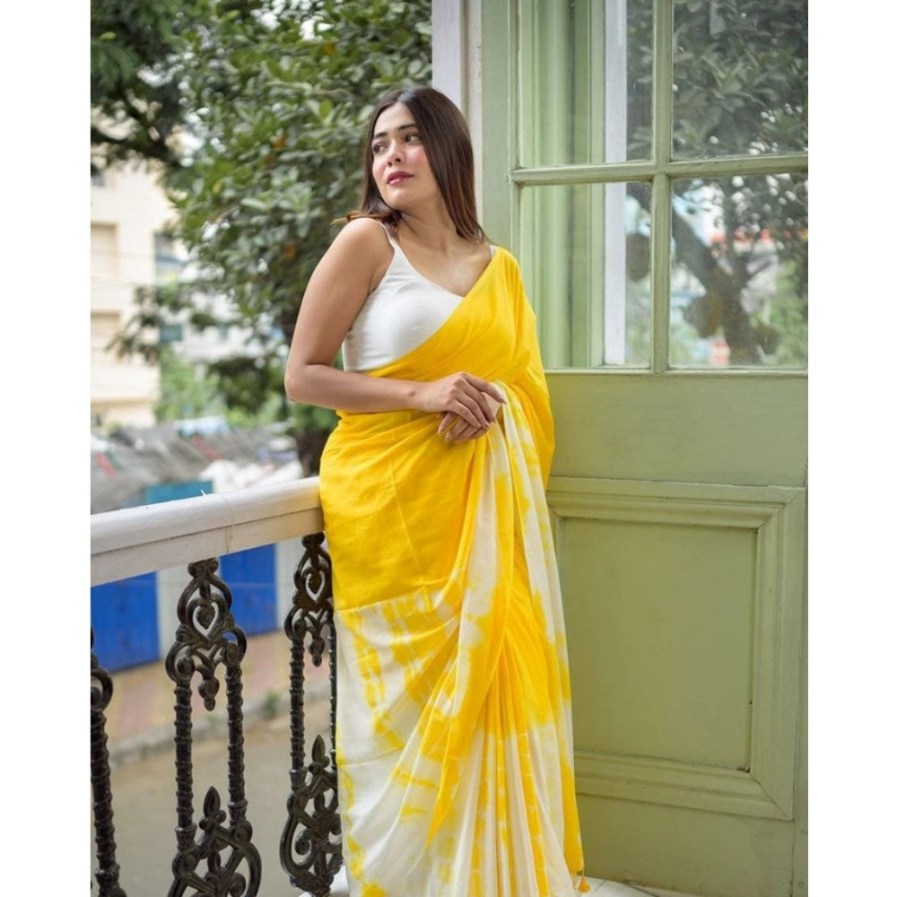 Women's Linen Printed Saree With Unstitched Blouse 5.5Mtr (Yellow) - VANSHELLE