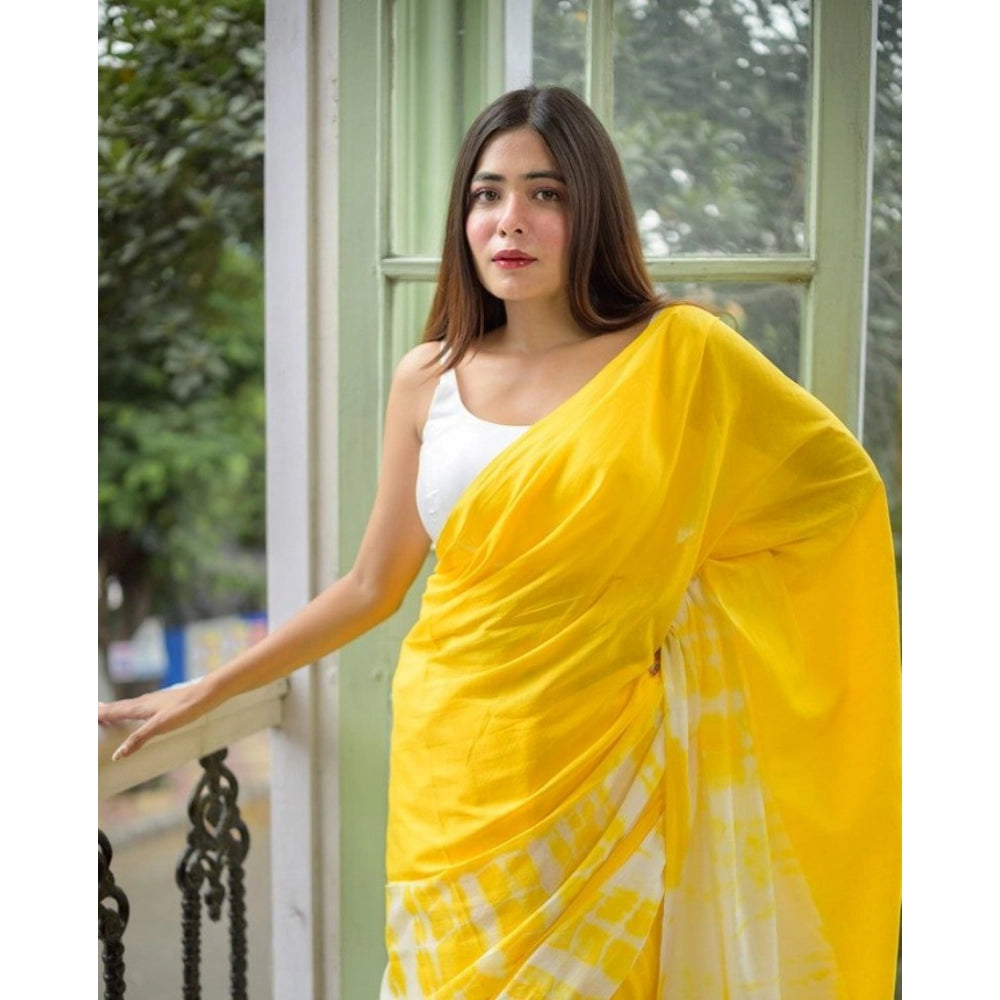 Women's Linen Printed Saree With Unstitched Blouse 5.5Mtr (Yellow) - VANSHELLE