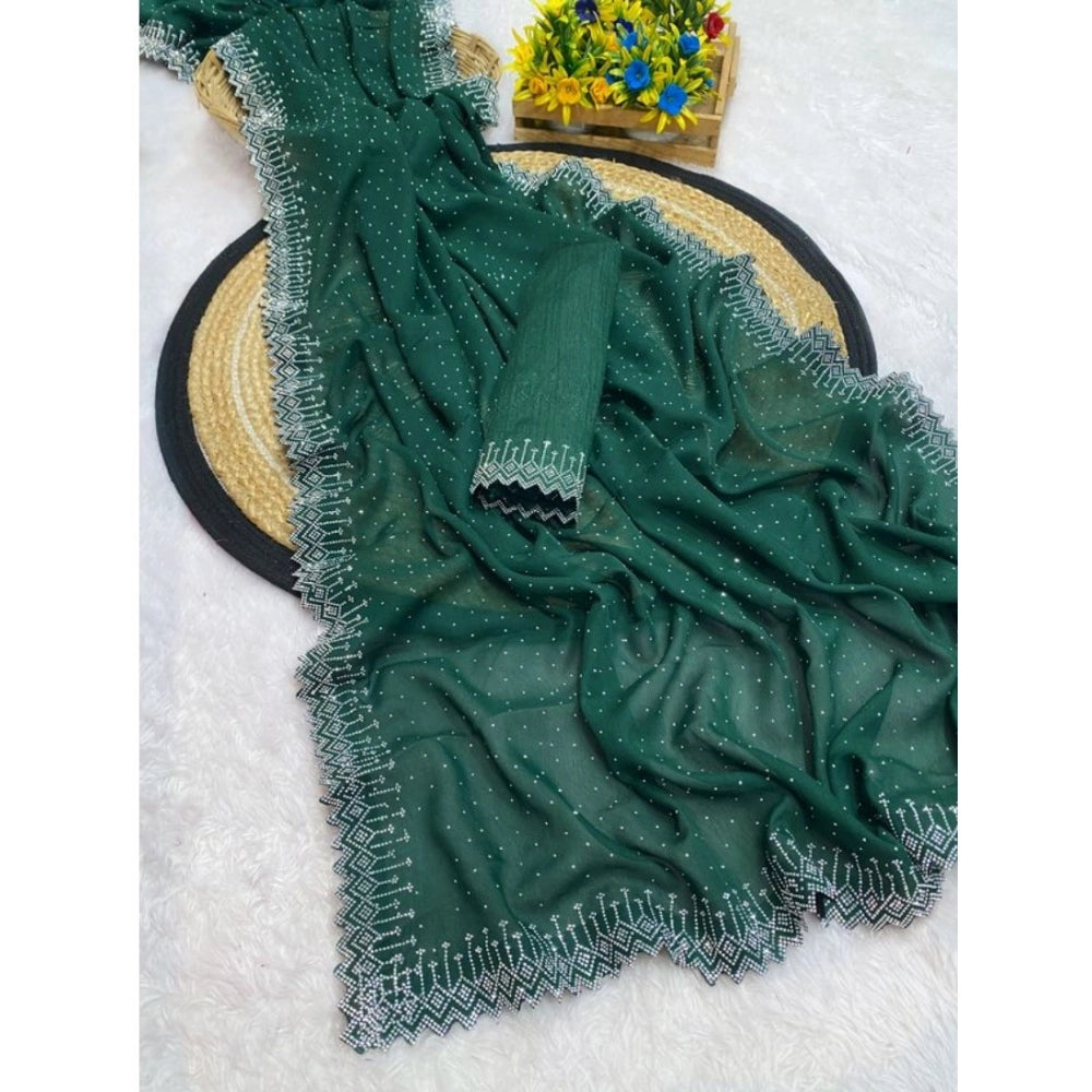 Women's Georgette Stone Work Saree With Unstitched Blouse 5.5Mtr - Green