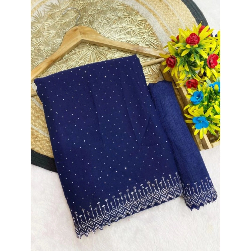 Women's Georgette Stone Work Saree With Unstitched Blouse 5.5Mtr (Blue) - VANSHELLE