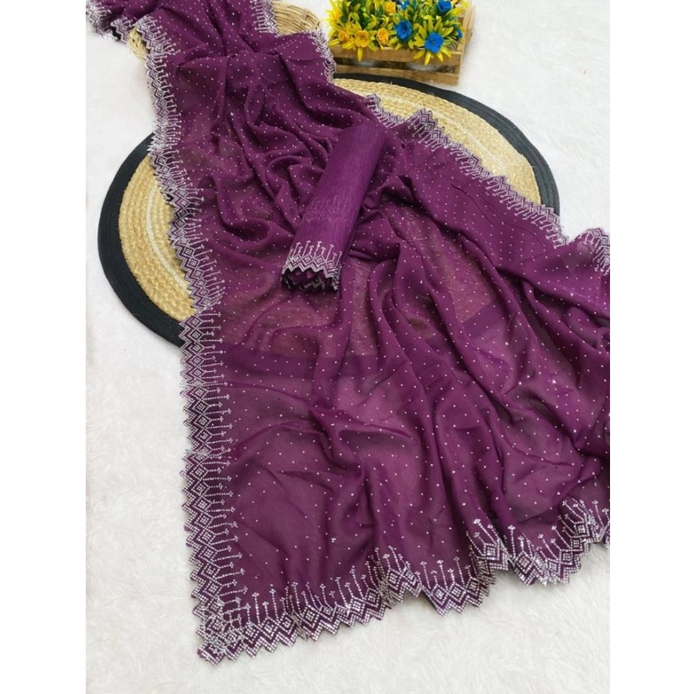 Women's Georgette Stone Work Saree With Unstitched Blouse 5.5Mtr (Purple) - VANSHELLE