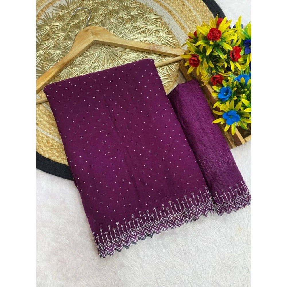 Women's Georgette Stone Work Saree With Unstitched Blouse 5.5Mtr (Purple) - VANSHELLE
