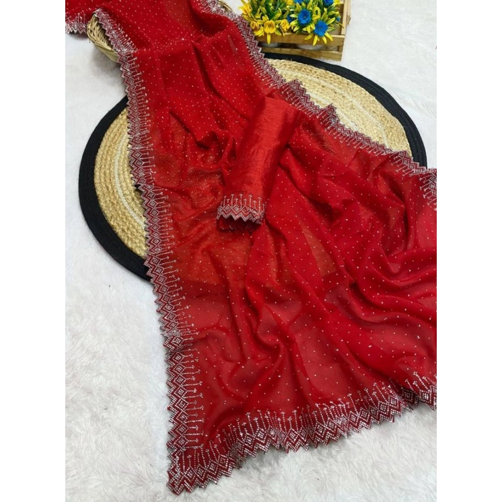 Women'S Georgette Stone Work Saree With Unstitched Blouse 5.5M