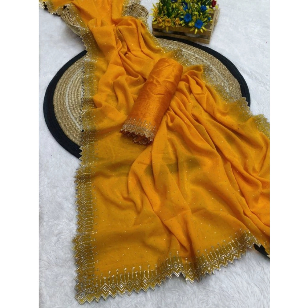 Women'S Georgette Stone Work Saree With Unstitched Blouse 5.5M