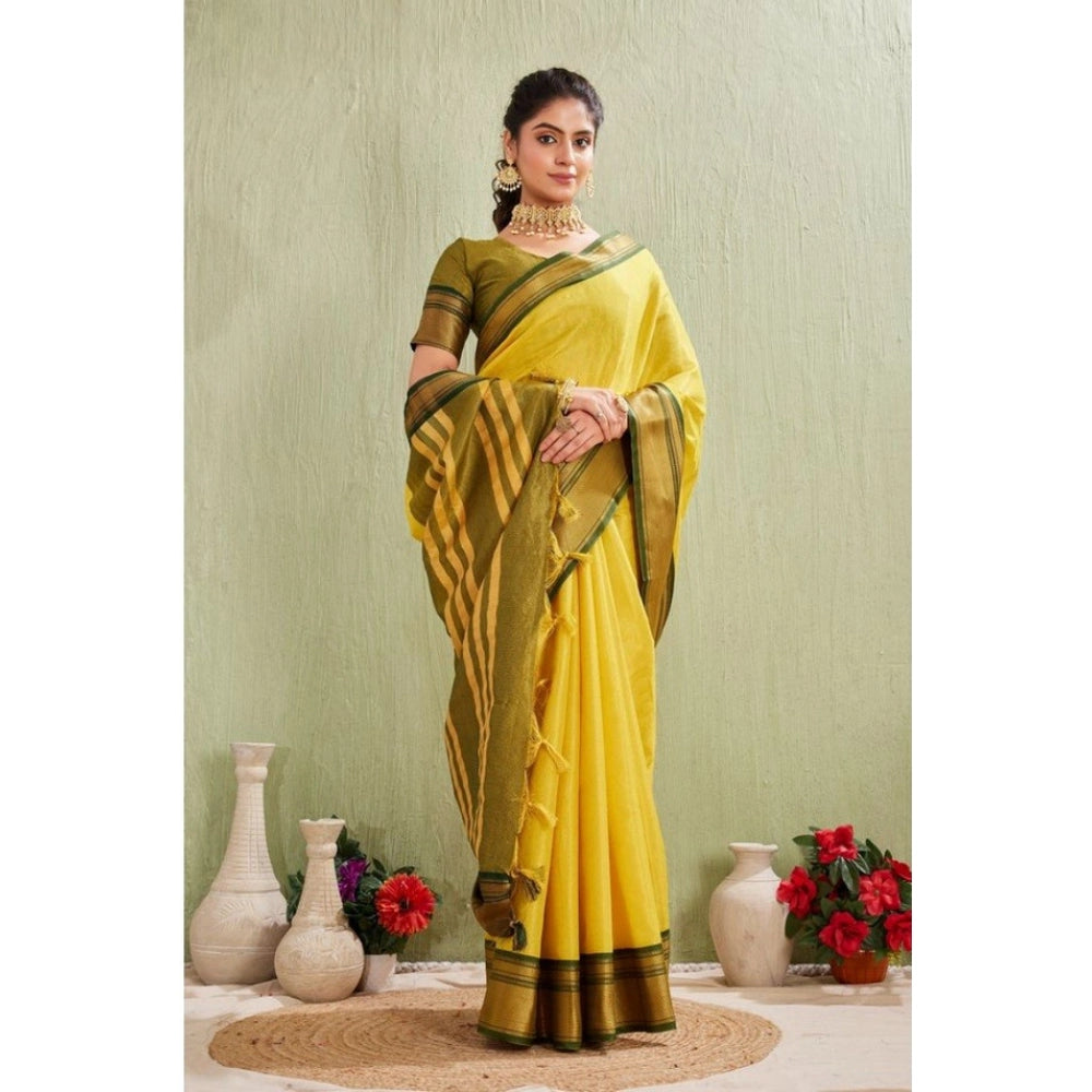 Women's Silk Blended Jaquard Woven Saree With Unstitched Blouse 5.5Mtr (Yellow) - VANSHELLE