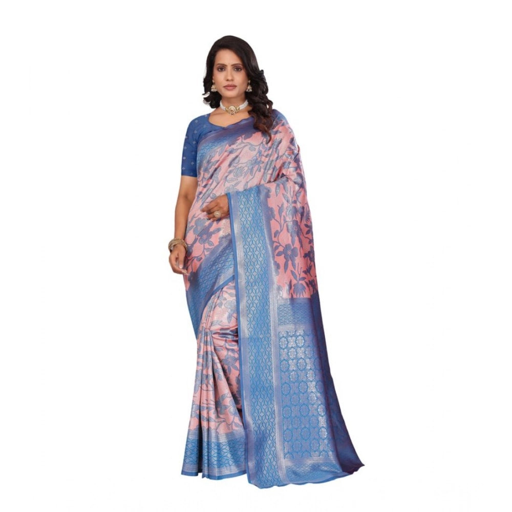 Women's Banarasi Silk Jaquard Woven Saree With Unstitched Blouse 5.5Mtr (Pink) - VANSHELLE