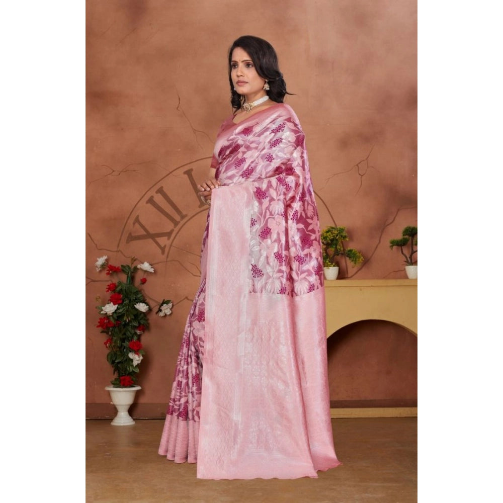 Women's Banarasi Silk Jaquard Woven Saree With Unstitched Blouse 5.5Mtr (Pink) - VANSHELLE