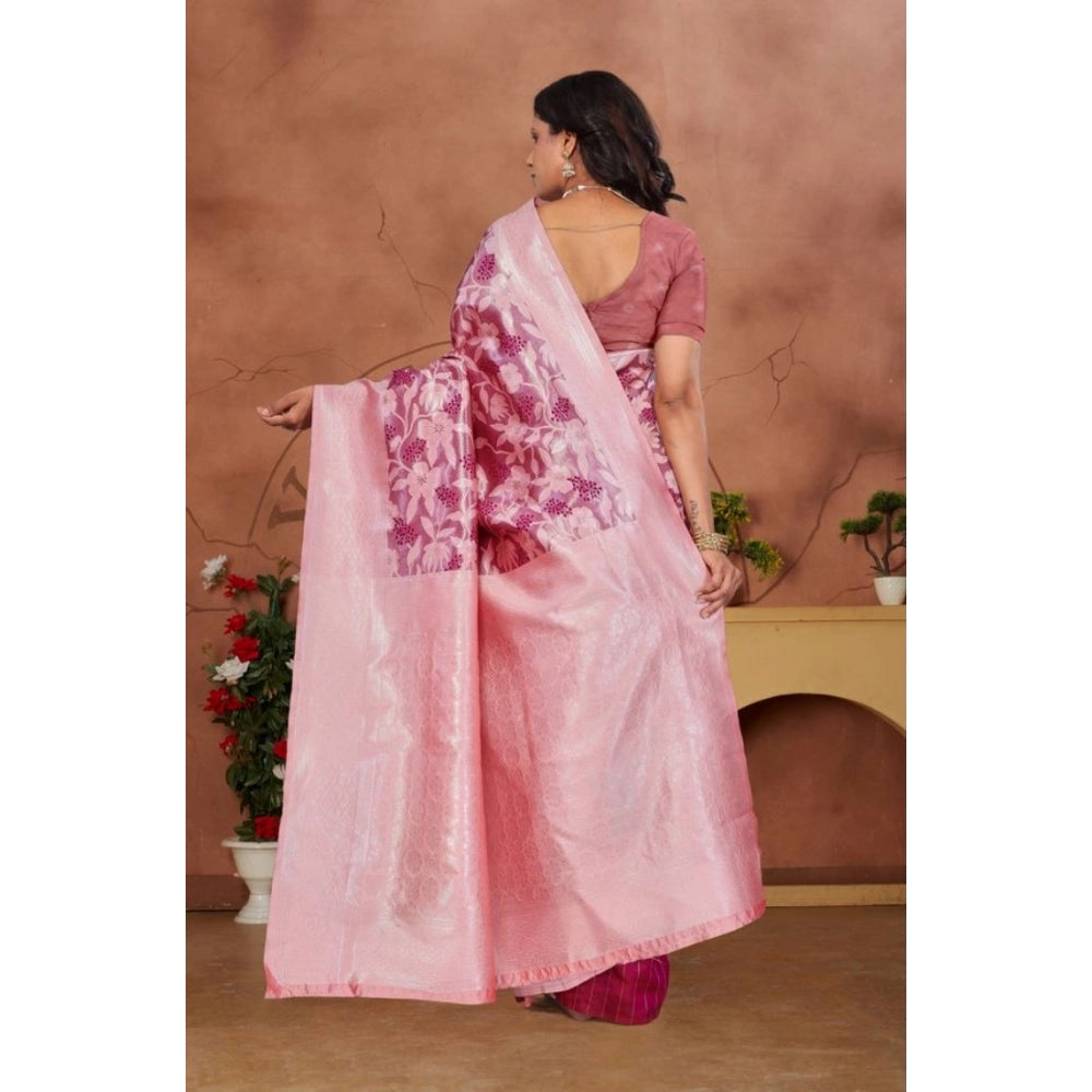 Women's Banarasi Silk Jaquard Woven Saree With Unstitched Blouse 5.5Mtr (Pink) - VANSHELLE