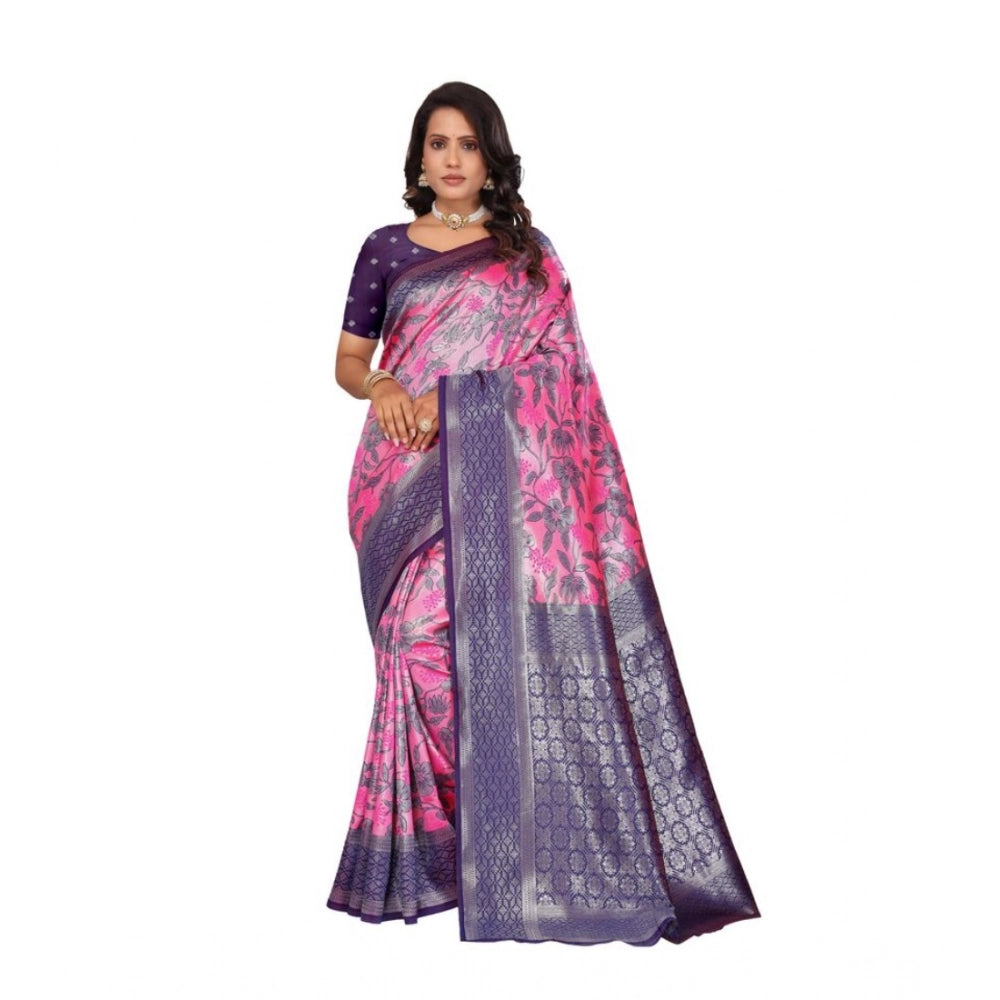Women's Banarasi Silk Jaquard Woven Saree With Unstitched Blouse 5.5Mtr (Pink) - VANSHELLE