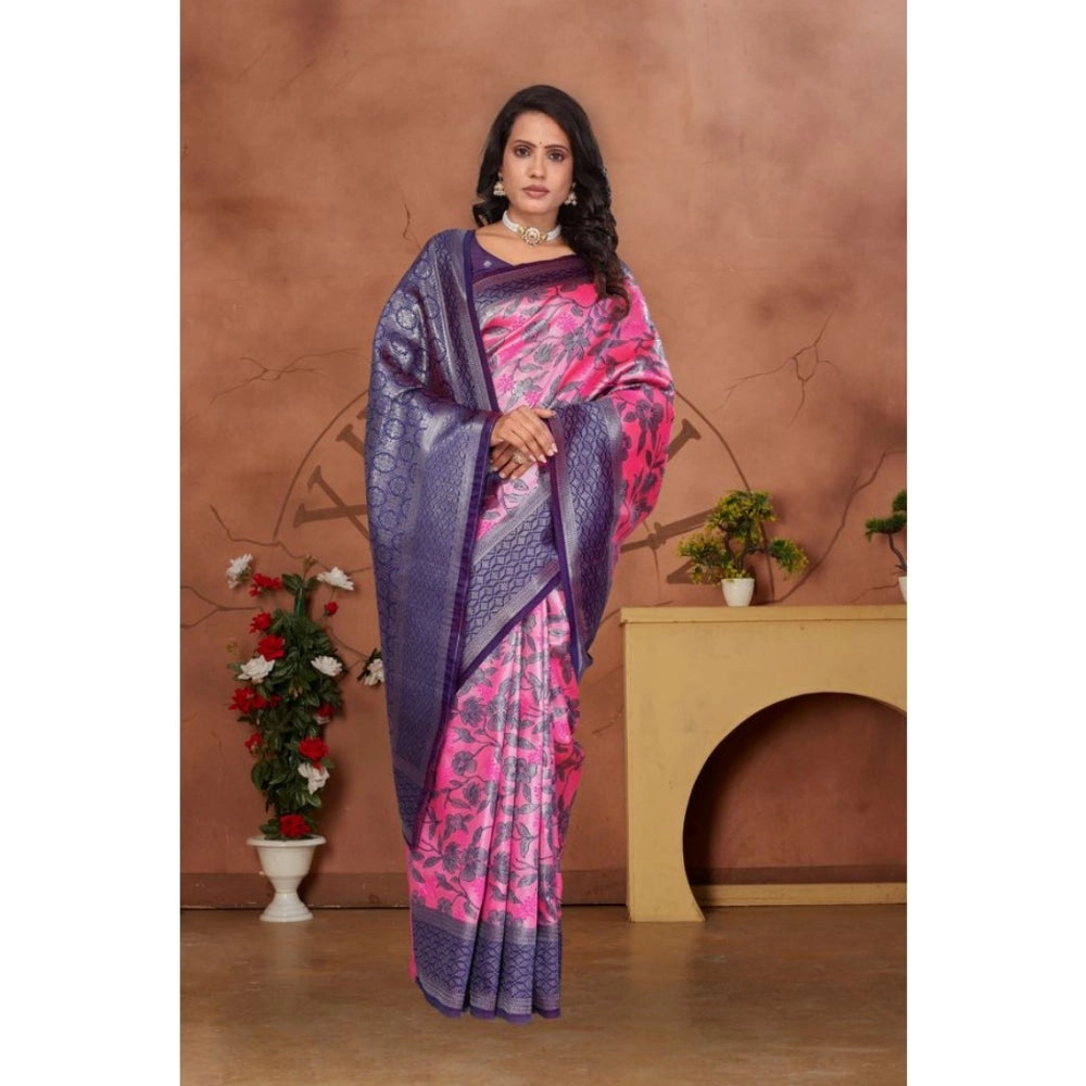 Women's Banarasi Silk Jaquard Woven Saree With Unstitched Blouse 5.5Mtr (Pink) - VANSHELLE