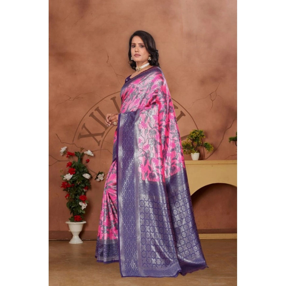 Women's Banarasi Silk Jaquard Woven Saree With Unstitched Blouse 5.5Mtr (Pink) - VANSHELLE